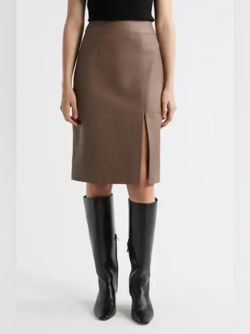 BOSS Hugo Boss Lamb Leather Midi Pencil Skirt Taupe Slit Luxe Minimalist $525